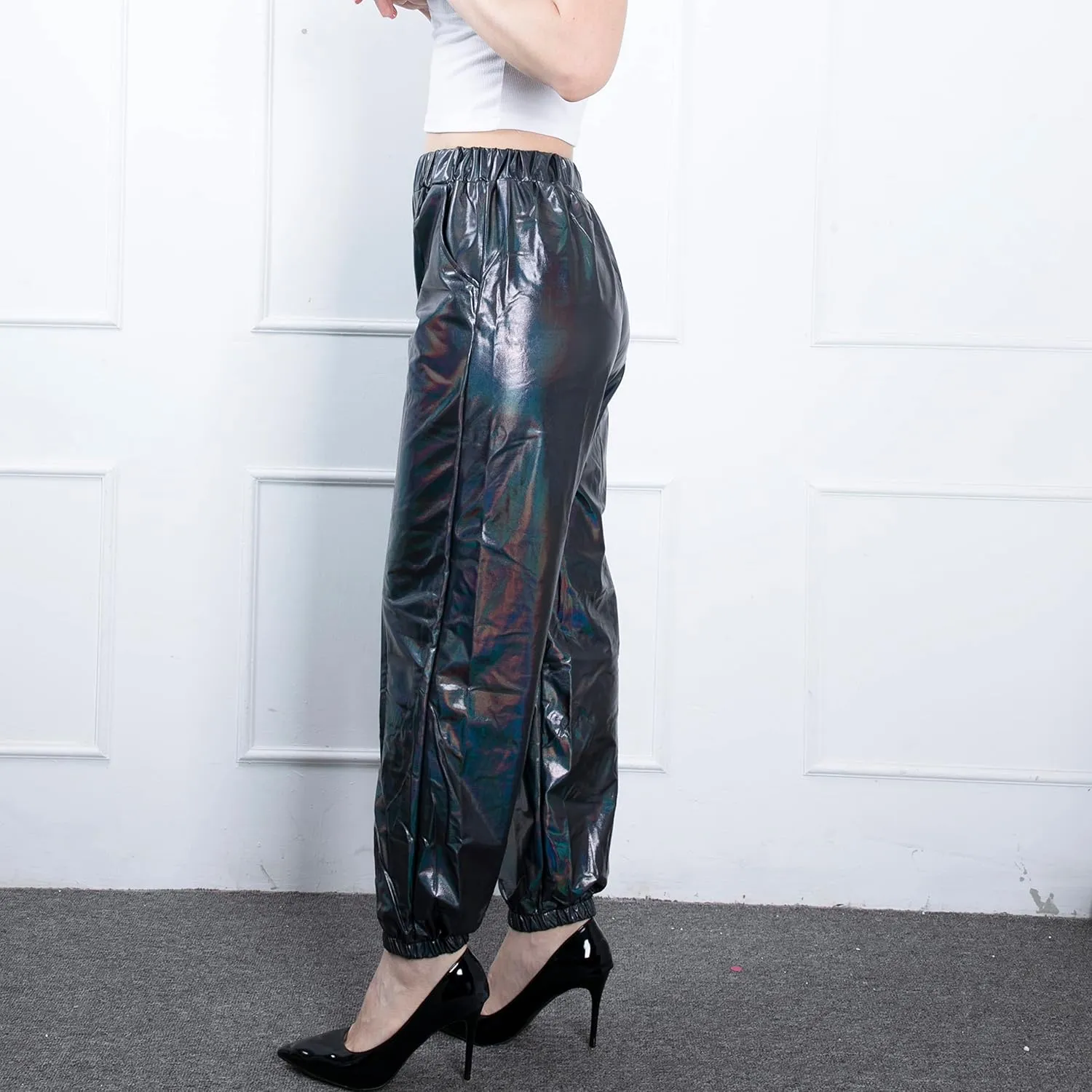 Women's Metallic Shiny Jogger Casual Holographic Color Streetwear Pants Hip Hop Fashion Smooth Elastic Trousers