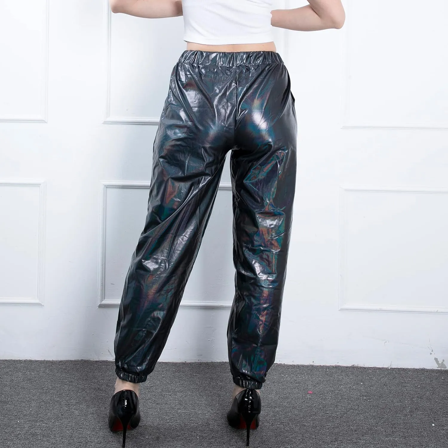 Women's Metallic Shiny Jogger Casual Holographic Color Streetwear Pants Hip Hop Fashion Smooth Elastic Trousers
