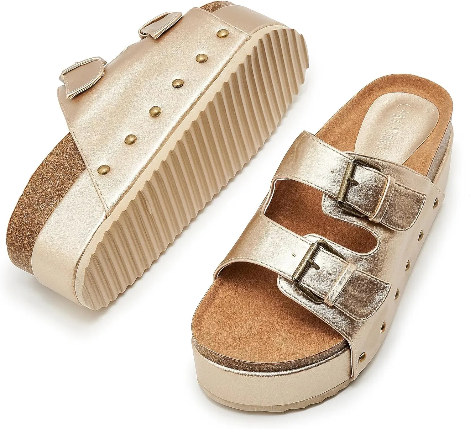 Women's Platform Slide Sandals Comfortable Cork Footbed Studded Clogs Adjustable Buckle Straps Open Toe Flatform Sandal Summer Slipper