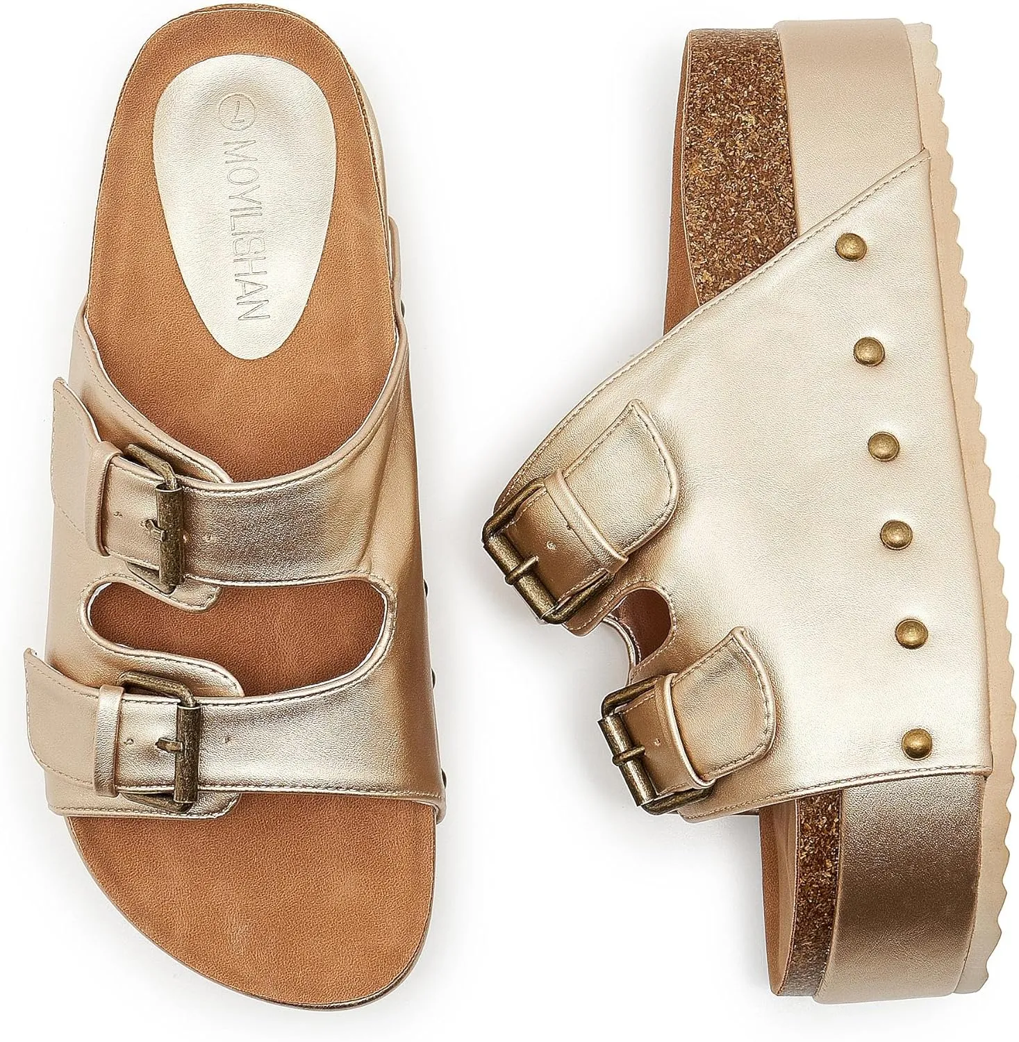 Women's Platform Slide Sandals Comfortable Cork Footbed Studded Clogs Adjustable Buckle Straps Open Toe Flatform Sandal Summer Slipper