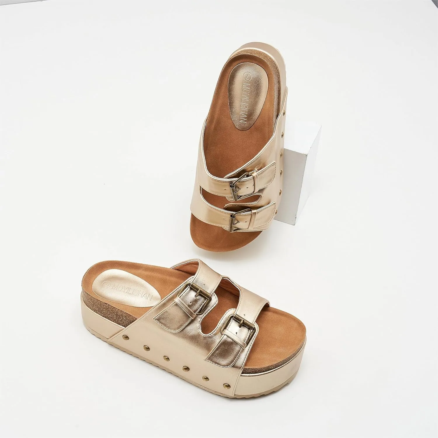Women's Platform Slide Sandals Comfortable Cork Footbed Studded Clogs Adjustable Buckle Straps Open Toe Flatform Sandal Summer Slipper