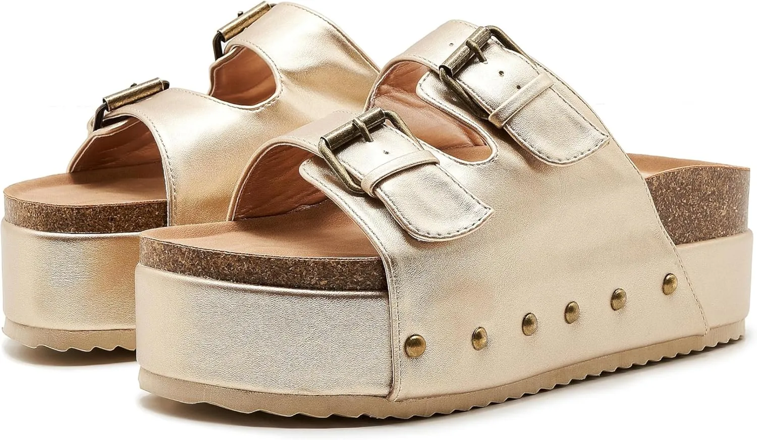Women's Platform Slide Sandals Comfortable Cork Footbed Studded Clogs Adjustable Buckle Straps Open Toe Flatform Sandal Summer Slipper