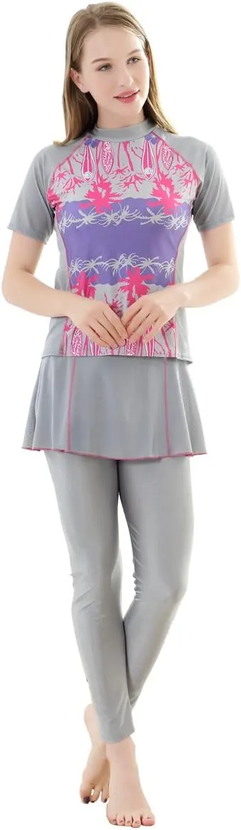 Women's Short Sleeve Flower Muslim Islamic Burkini Modest Swimwear Lady Swimsuit