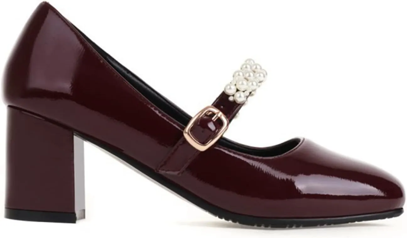 Women's Square Toe Mary Jane Pumps Pearl Ankle Strap Patent PU Leather Chunky Heel Office Dress Shoes