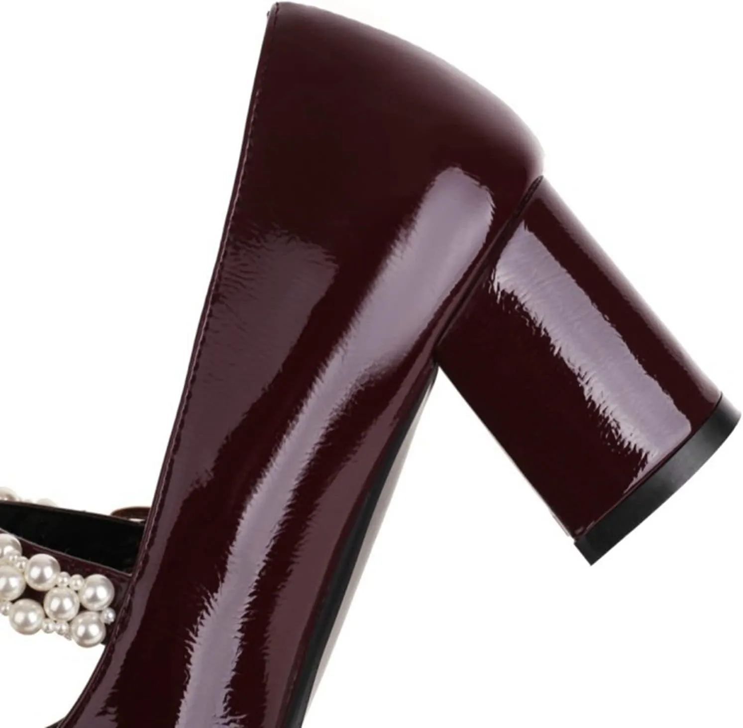 Women's Square Toe Mary Jane Pumps Pearl Ankle Strap Patent PU Leather Chunky Heel Office Dress Shoes