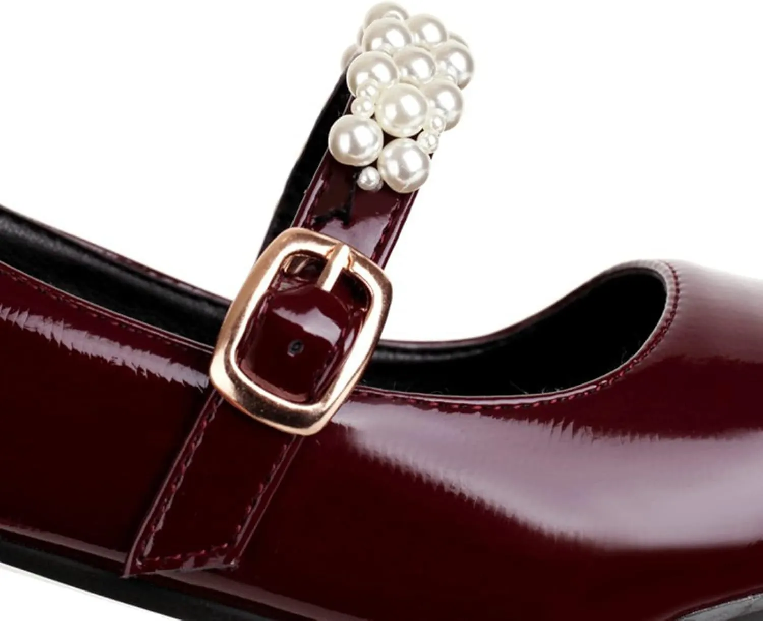 Women's Square Toe Mary Jane Pumps Pearl Ankle Strap Patent PU Leather Chunky Heel Office Dress Shoes