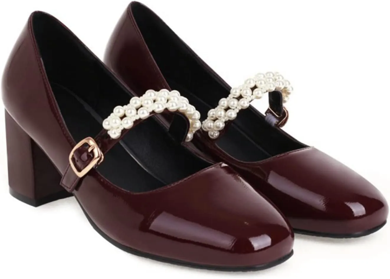 Women's Square Toe Mary Jane Pumps Pearl Ankle Strap Patent PU Leather Chunky Heel Office Dress Shoes