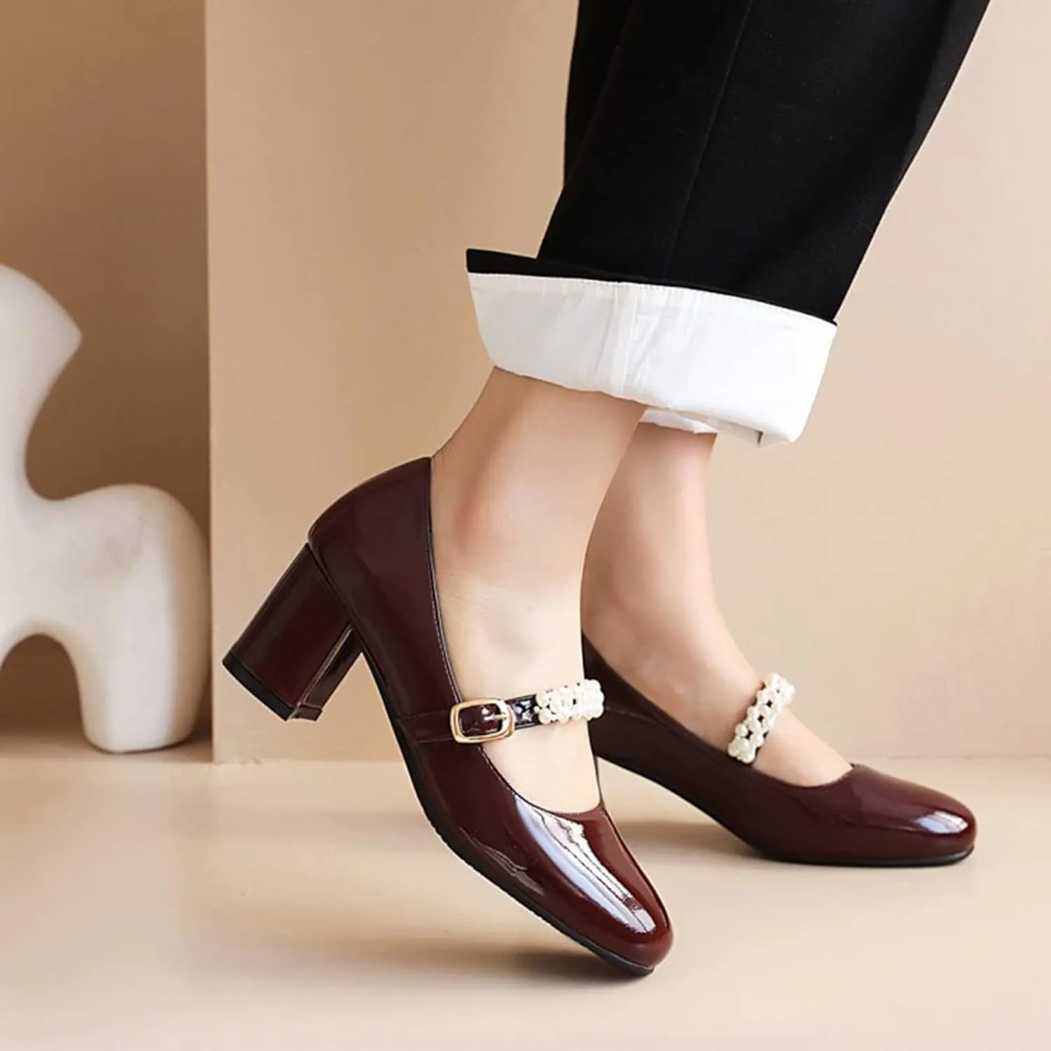 Women's Square Toe Mary Jane Pumps Pearl Ankle Strap Patent PU Leather Chunky Heel Office Dress Shoes