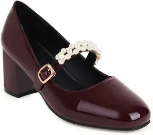Women's Square Toe Mary Jane Pumps Pearl Ankle Strap Patent PU Leather Chunky Heel Office Dress Shoes