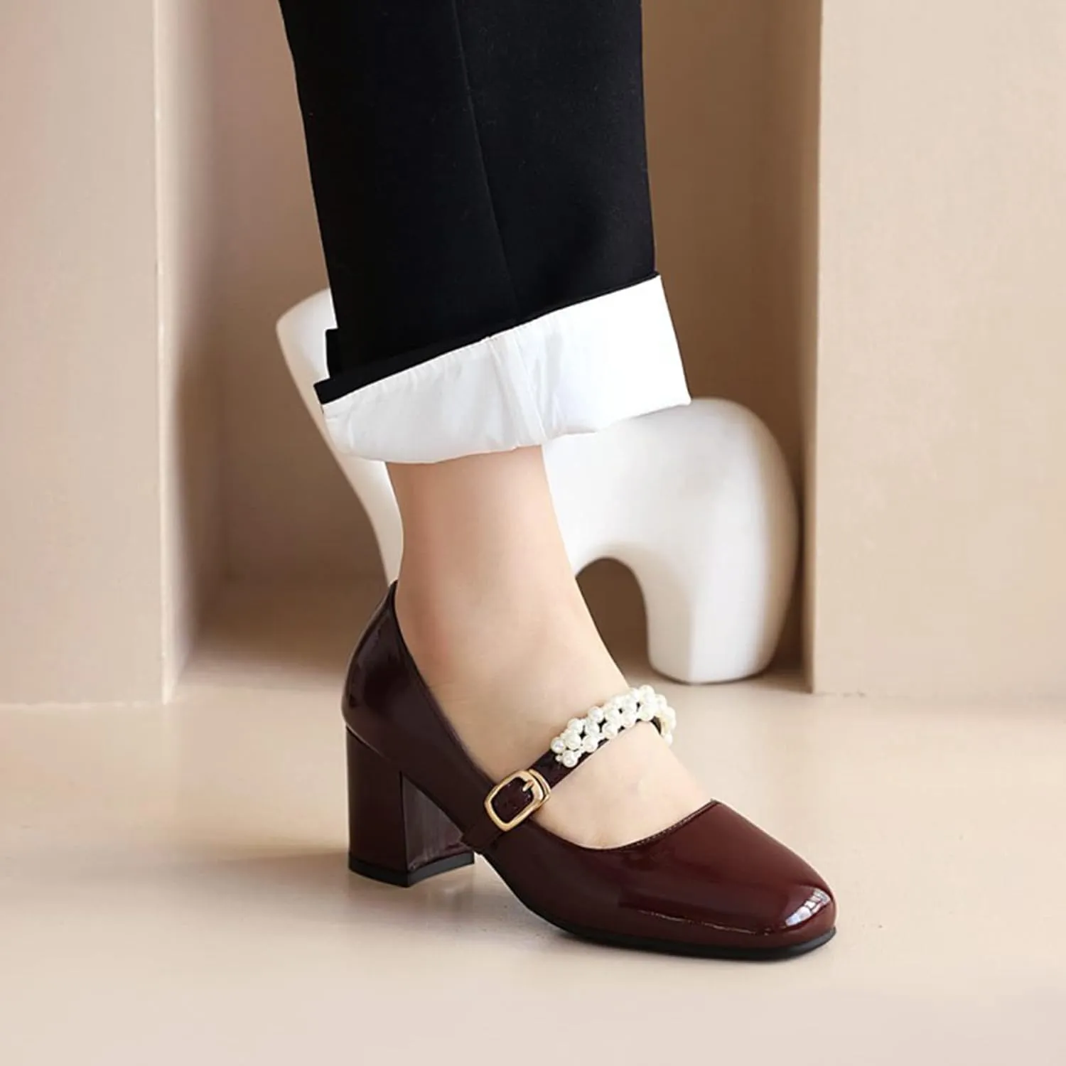 Women's Square Toe Mary Jane Pumps Pearl Ankle Strap Patent PU Leather Chunky Heel Office Dress Shoes