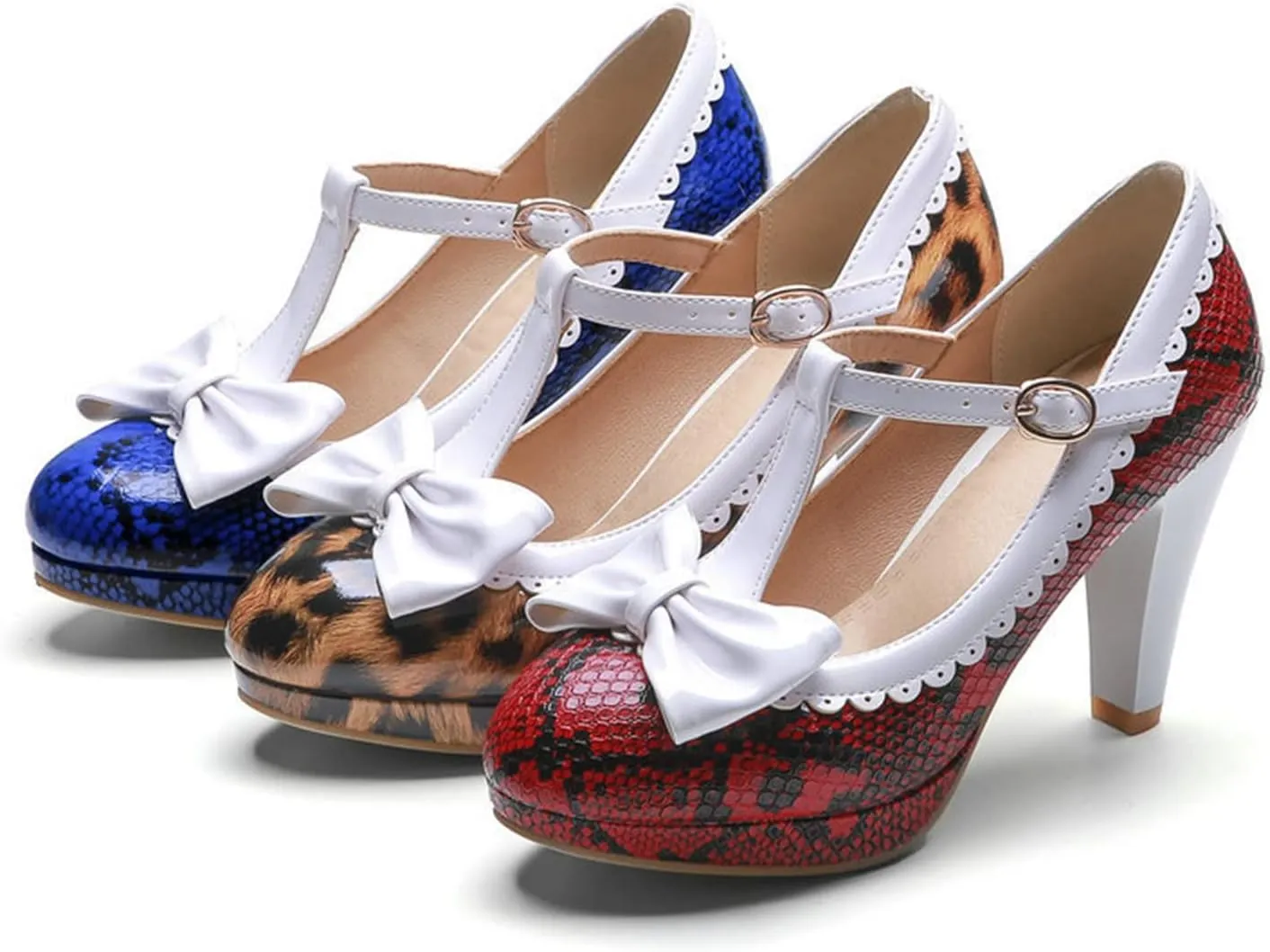 Women's T-Strap Mary Jane Shoes Round Toe Adorable Bows Buckle High Cone Heel Printed Dress Pumps