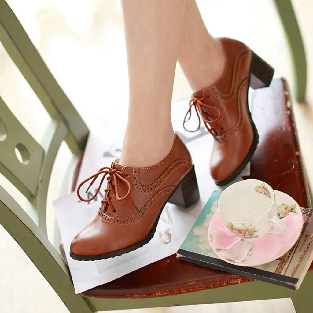 Women's Vintage Lace Up Pump Oxfords Round Toe Two Tone Wingtip Block Low Heel Brogues Dress Shoes