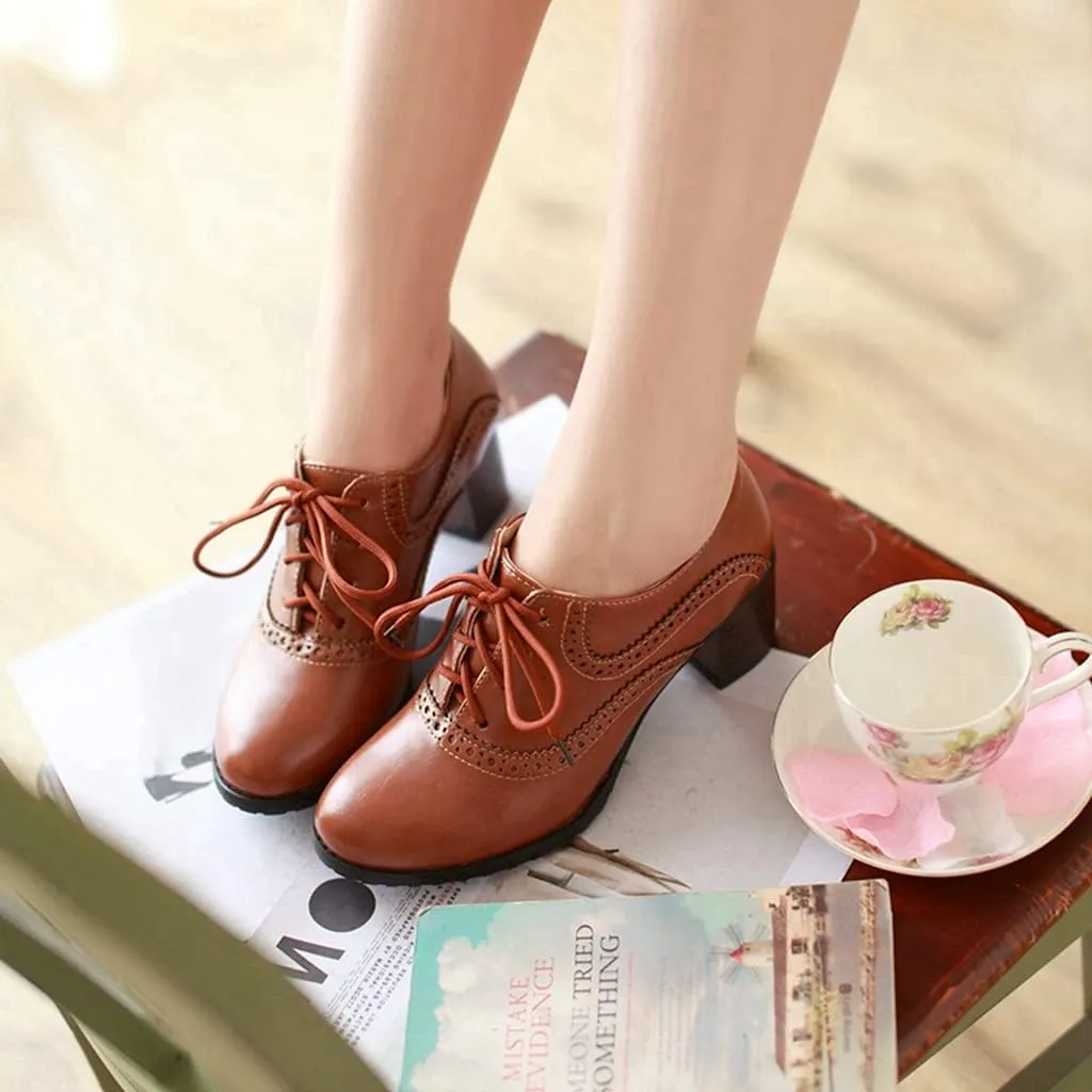 Women's Vintage Lace Up Pump Oxfords Round Toe Two Tone Wingtip Block Low Heel Brogues Dress Shoes