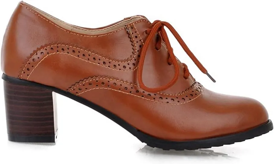 Women's Vintage Lace Up Pump Oxfords Round Toe Two Tone Wingtip Block Low Heel Brogues Dress Shoes