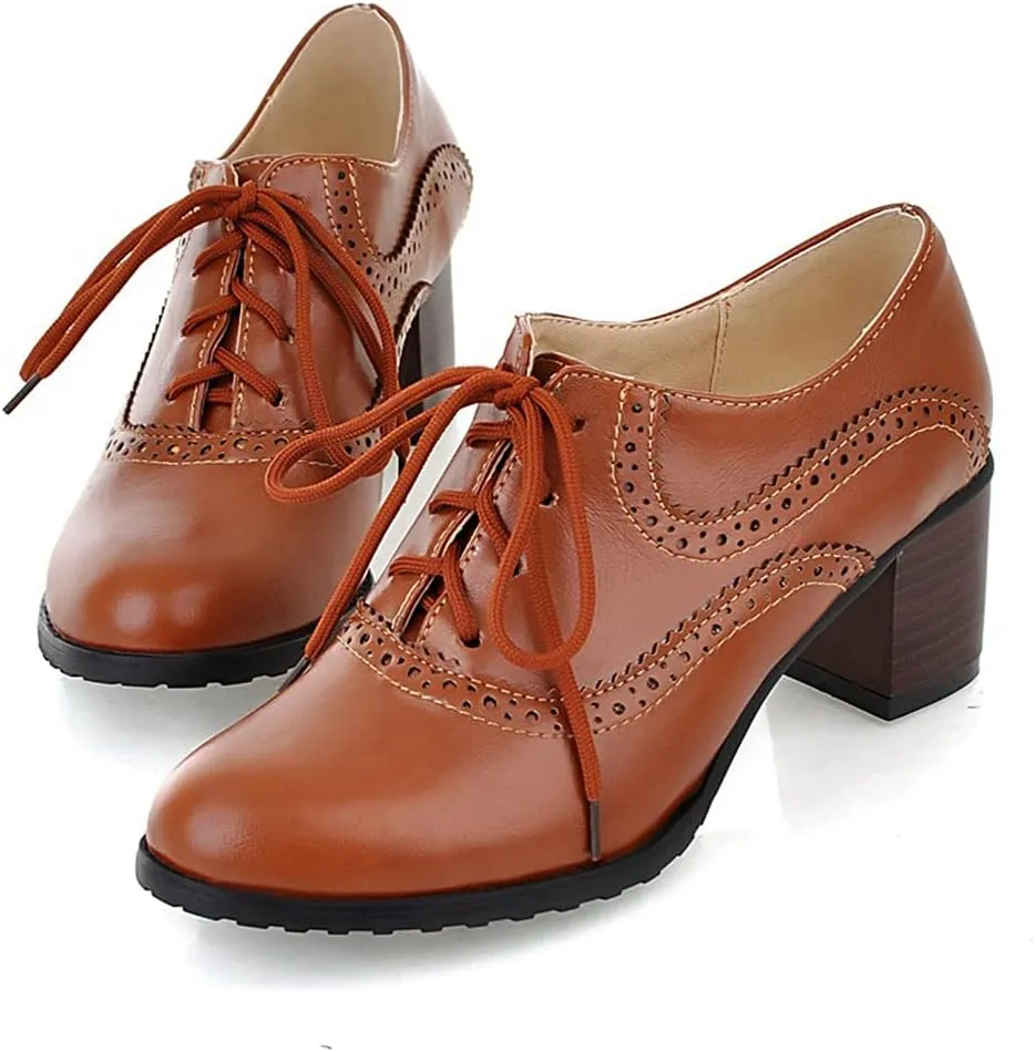 Women's Vintage Lace Up Pump Oxfords Round Toe Two Tone Wingtip Block Low Heel Brogues Dress Shoes