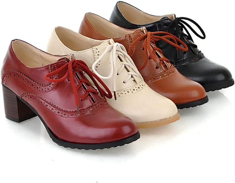 Women's Vintage Lace Up Pump Oxfords Round Toe Two Tone Wingtip Block Low Heel Brogues Dress Shoes