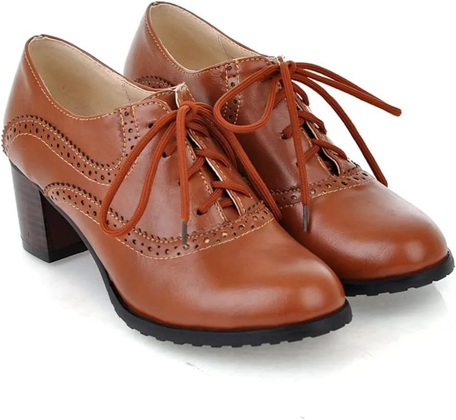 Women's Vintage Lace Up Pump Oxfords Round Toe Two Tone Wingtip Block Low Heel Brogues Dress Shoes