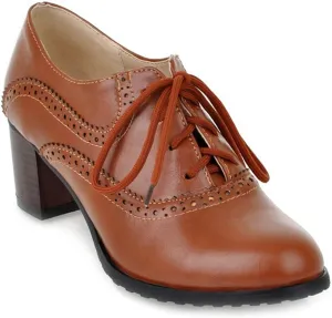 Women's Vintage Lace Up Pump Oxfords Round Toe Two Tone Wingtip Block Low Heel Brogues Dress Shoes