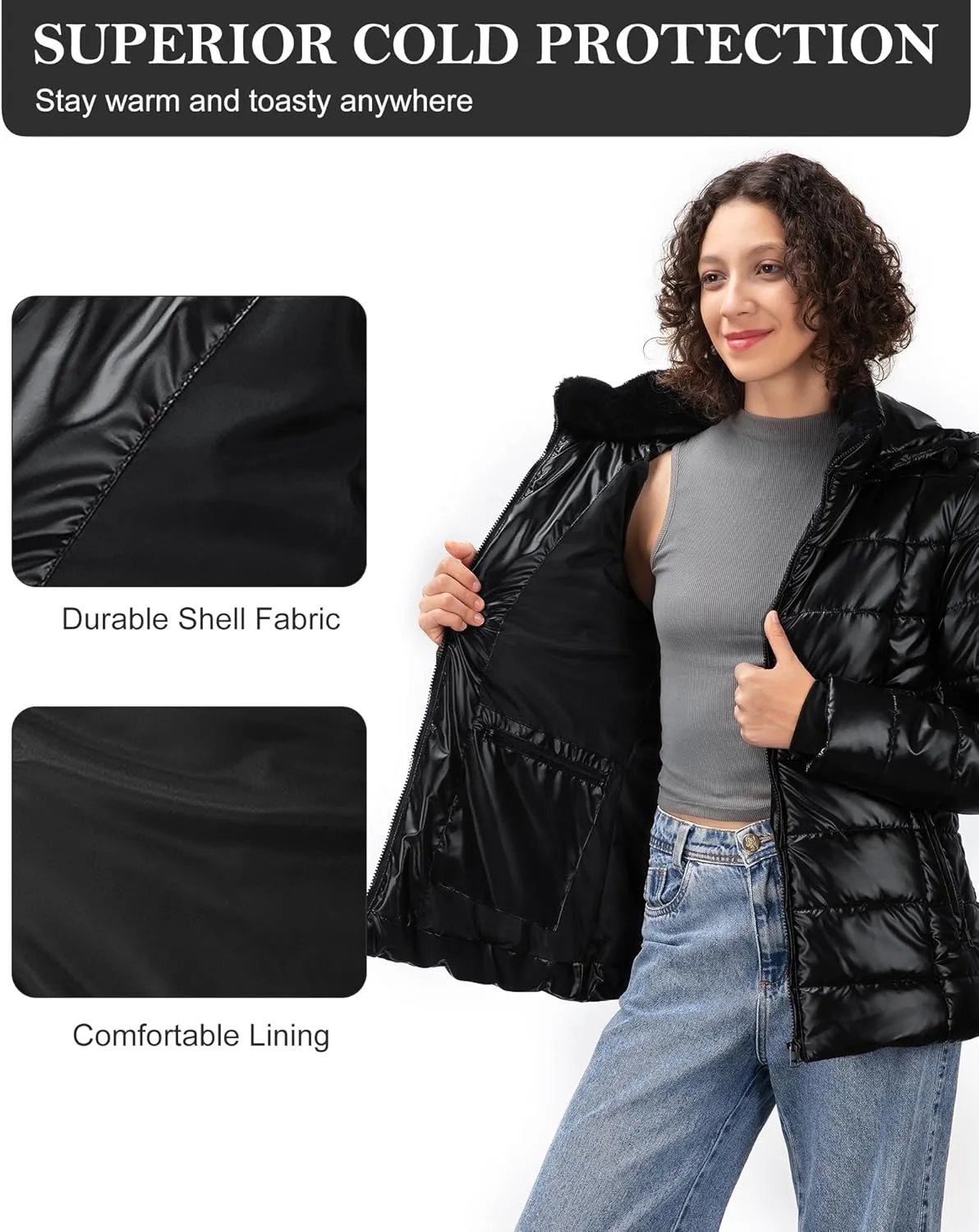 Women's Winter Down Puffer Jacket, Warm Hooded Puffer Coat for Women with Faux-Fur Pile Collar