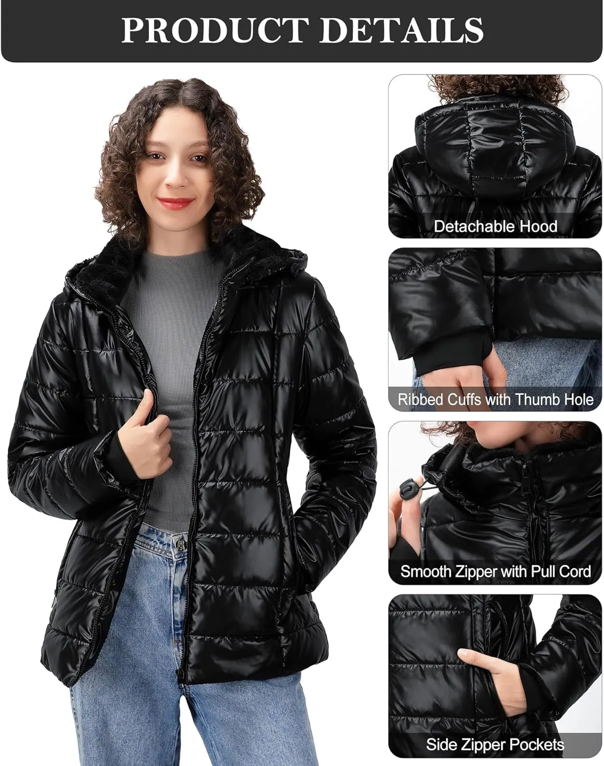 Women's Winter Down Puffer Jacket, Warm Hooded Puffer Coat for Women with Faux-Fur Pile Collar