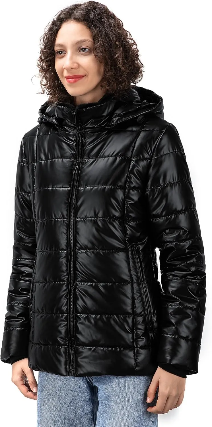 Women's Winter Down Puffer Jacket, Warm Hooded Puffer Coat for Women with Faux-Fur Pile Collar