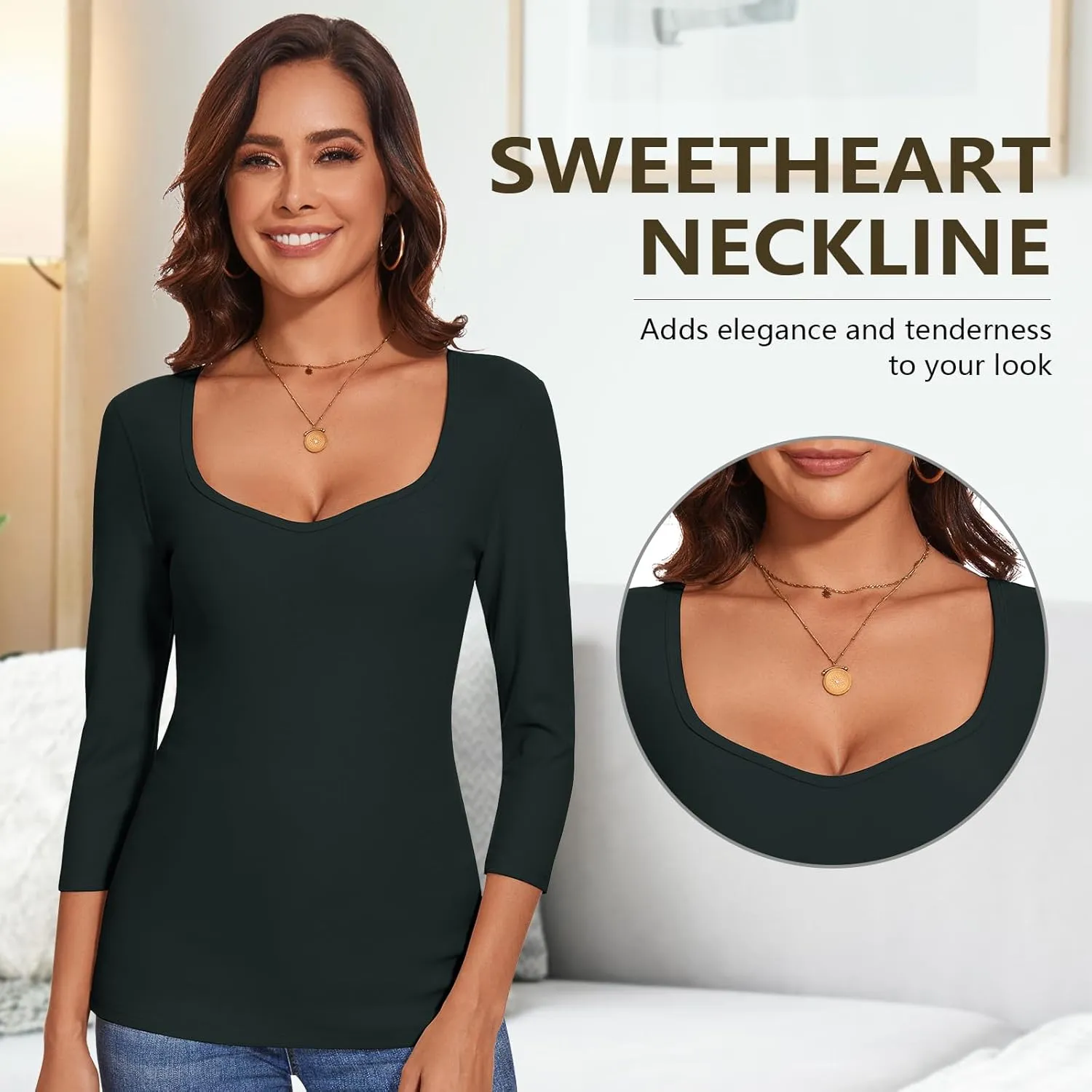 WOWENY Womens 3/4 Sleeve Sweetheart Neck Thermal Shirts T Shirts Underwear Tops Basic Fitted Tees Warm Base Layer