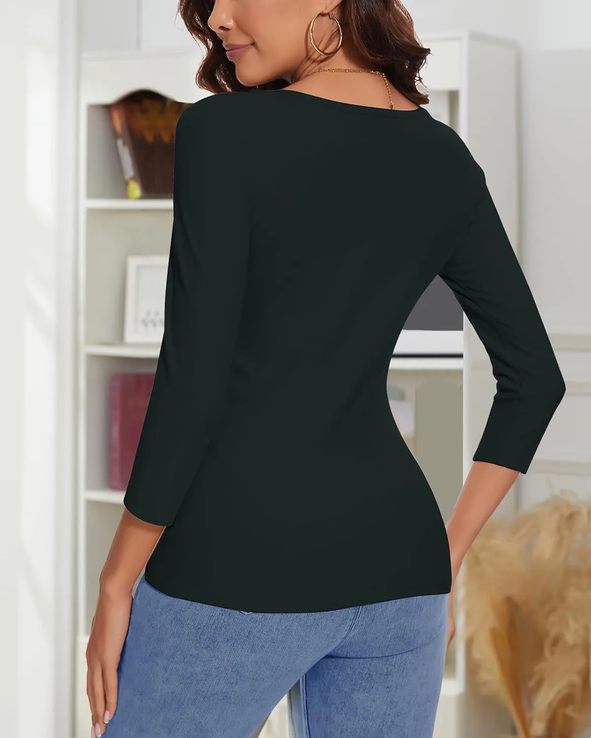 WOWENY Womens 3/4 Sleeve Sweetheart Neck Thermal Shirts T Shirts Underwear Tops Basic Fitted Tees Warm Base Layer