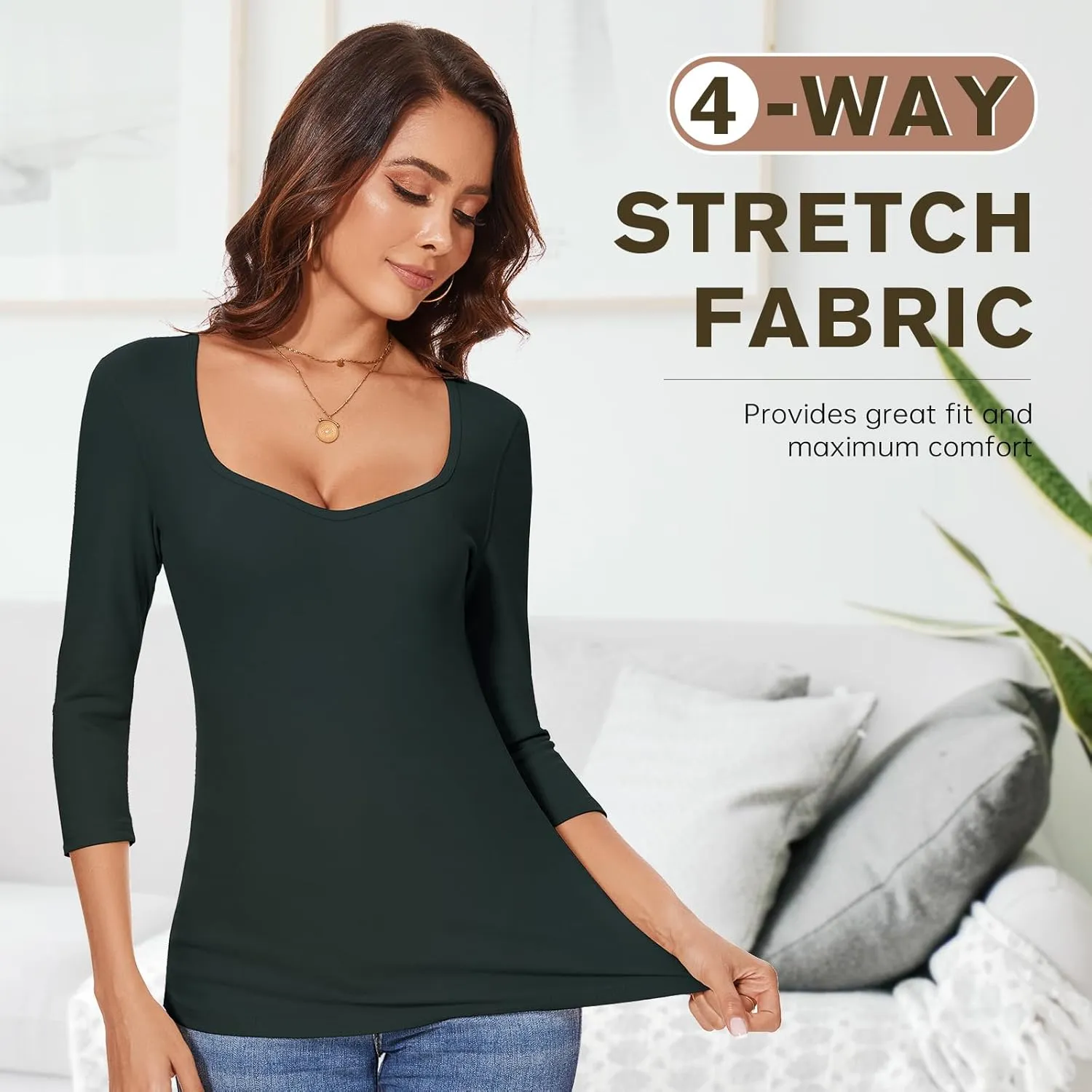 WOWENY Womens 3/4 Sleeve Sweetheart Neck Thermal Shirts T Shirts Underwear Tops Basic Fitted Tees Warm Base Layer