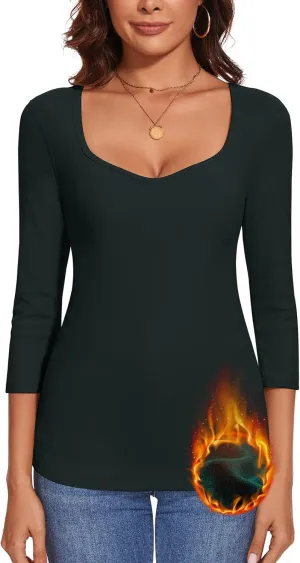 WOWENY Womens 3/4 Sleeve Sweetheart Neck Thermal Shirts T Shirts Underwear Tops Basic Fitted Tees Warm Base Layer