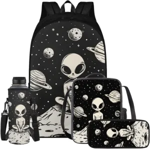 YEXIATODO Alien Backpack With Lunch Box Bookbags for 7th Grade Boys Girls Elementary School Backpack Set 4 in 1 Primary Middle School Bookbags Set for 5-12 Teens Kids Book Bags