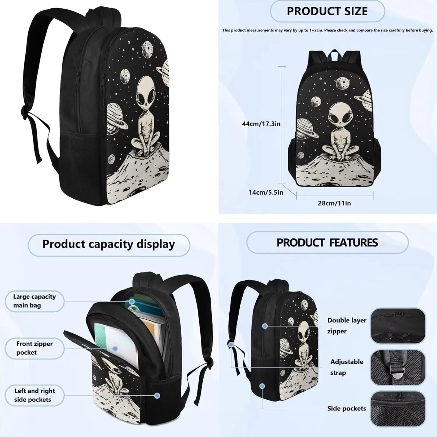 YEXIATODO Alien Backpack With Lunch Box Bookbags for 7th Grade Boys Girls Elementary School Backpack Set 4 in 1 Primary Middle School Bookbags Set for 5-12 Teens Kids Book Bags