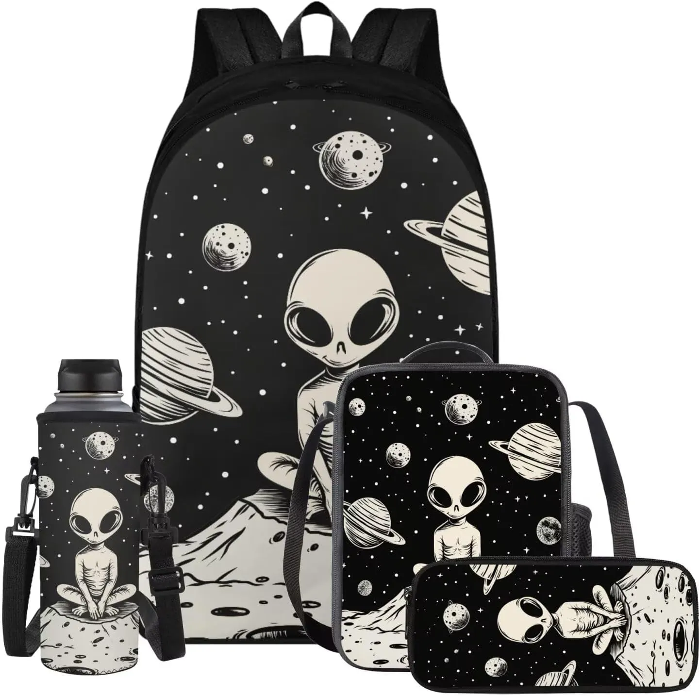 YEXIATODO Alien Backpack With Lunch Box Bookbags for 7th Grade Boys Girls Elementary School Backpack Set 4 in 1 Primary Middle School Bookbags Set for 5-12 Teens Kids Book Bags