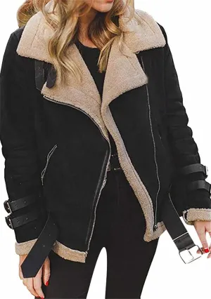 YMING Womens Vintage Faux Suede Jackets Lapel Fleece Collar Belted Coat Warm Sherpa Lined Coats