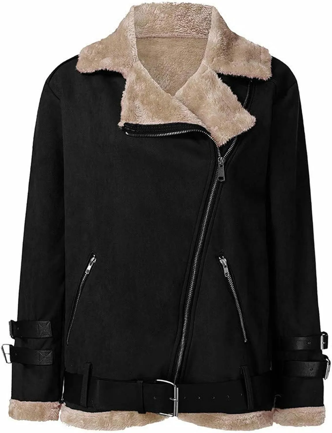 YMING Womens Vintage Faux Suede Jackets Lapel Fleece Collar Belted Coat Warm Sherpa Lined Coats