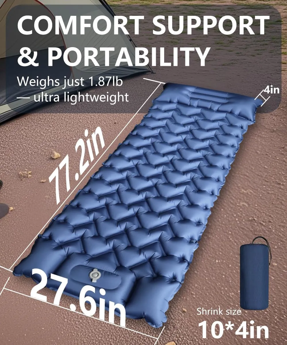 YOUXIU Camping Sleeping Pad, Extra Thickness 4 Inch Ultralight Inflatable Sleeping Mat with Built-in Foot Pump, Durable Compact Waterproof Camping Air Mattress for Tent,Carry Bag,Hiking,Tent (Navy)