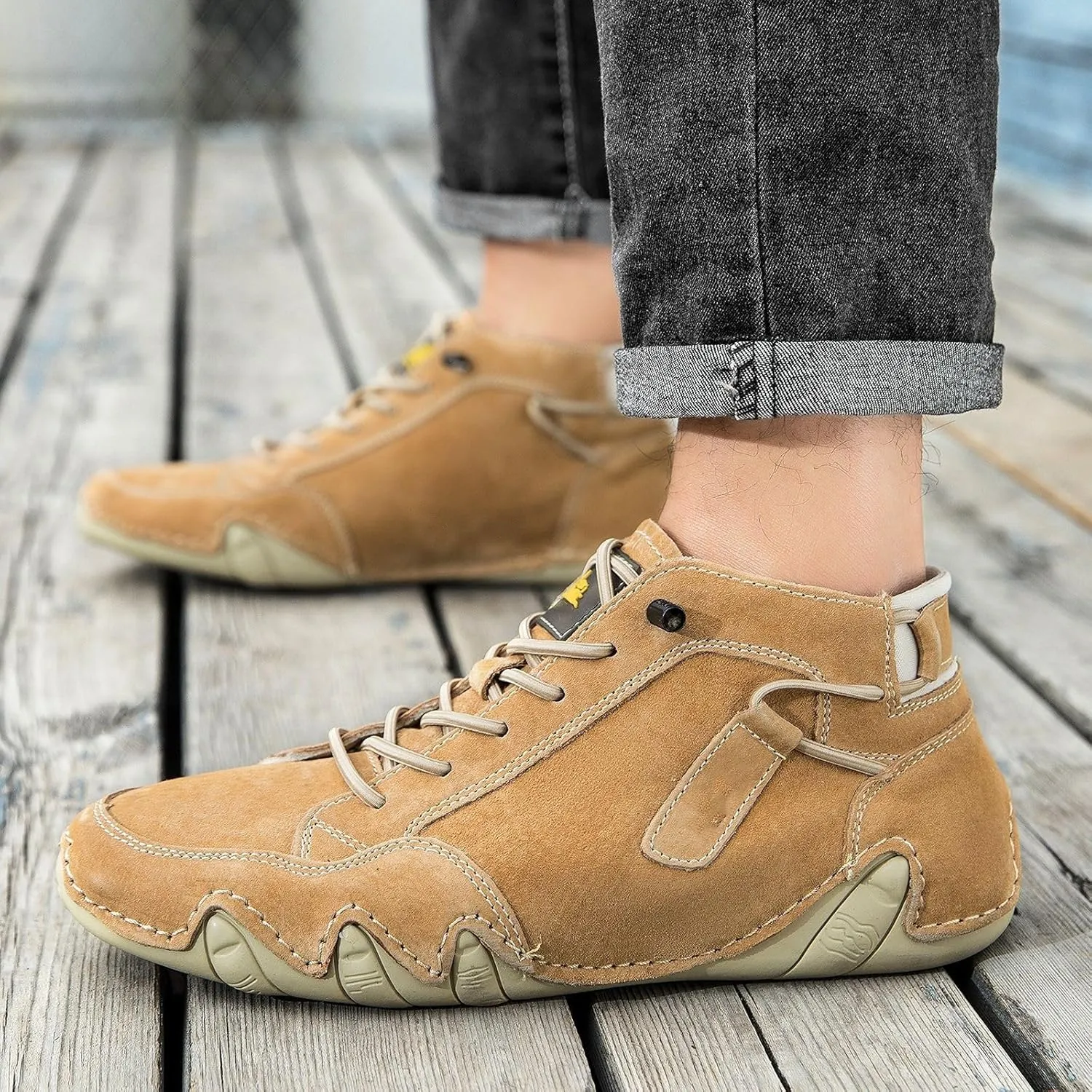 Zeberfi Men's Waterproof Suede Hiking Boots with Ankle Support All-Season Elastic Lace-Up Round Toe High Top Casual Shoes for Walking Camping Driving Lightweight Outdoor Chukka Boots