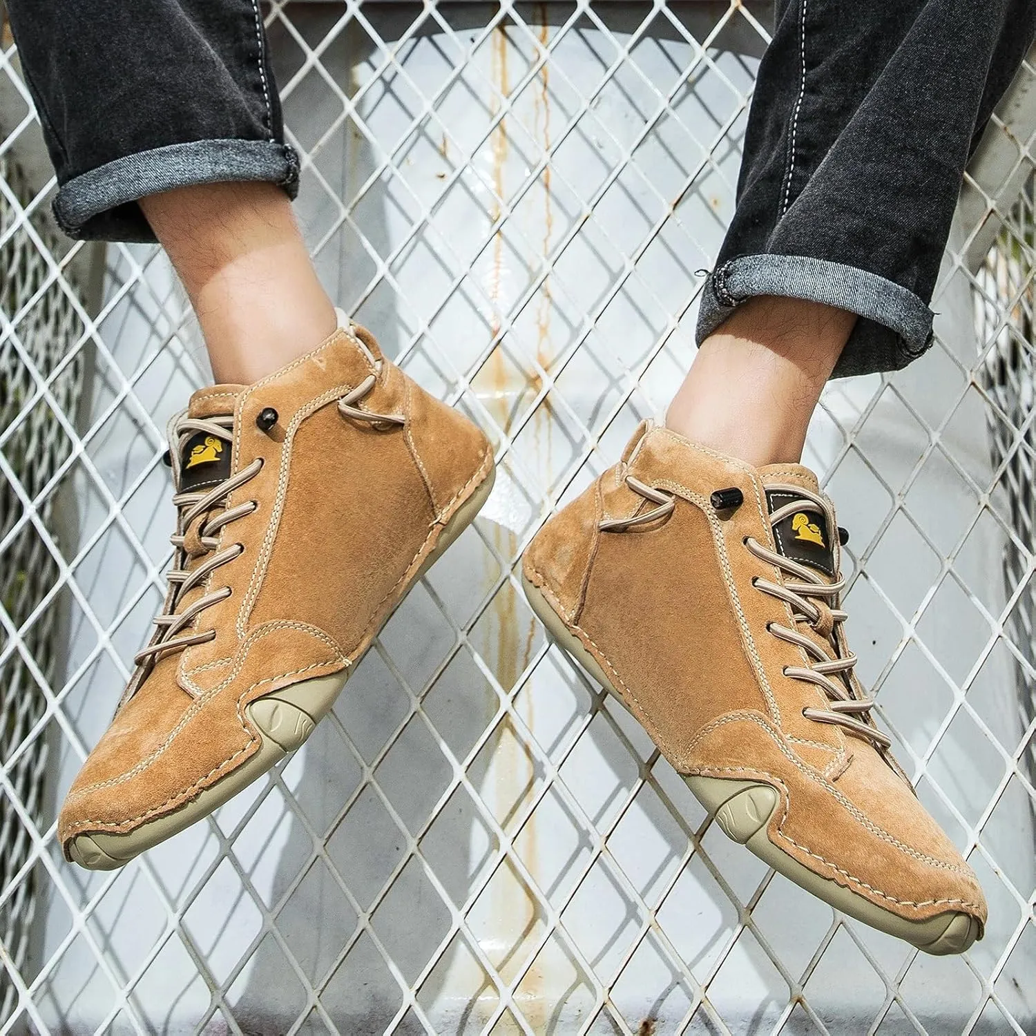 Zeberfi Men's Waterproof Suede Hiking Boots with Ankle Support All-Season Elastic Lace-Up Round Toe High Top Casual Shoes for Walking Camping Driving Lightweight Outdoor Chukka Boots