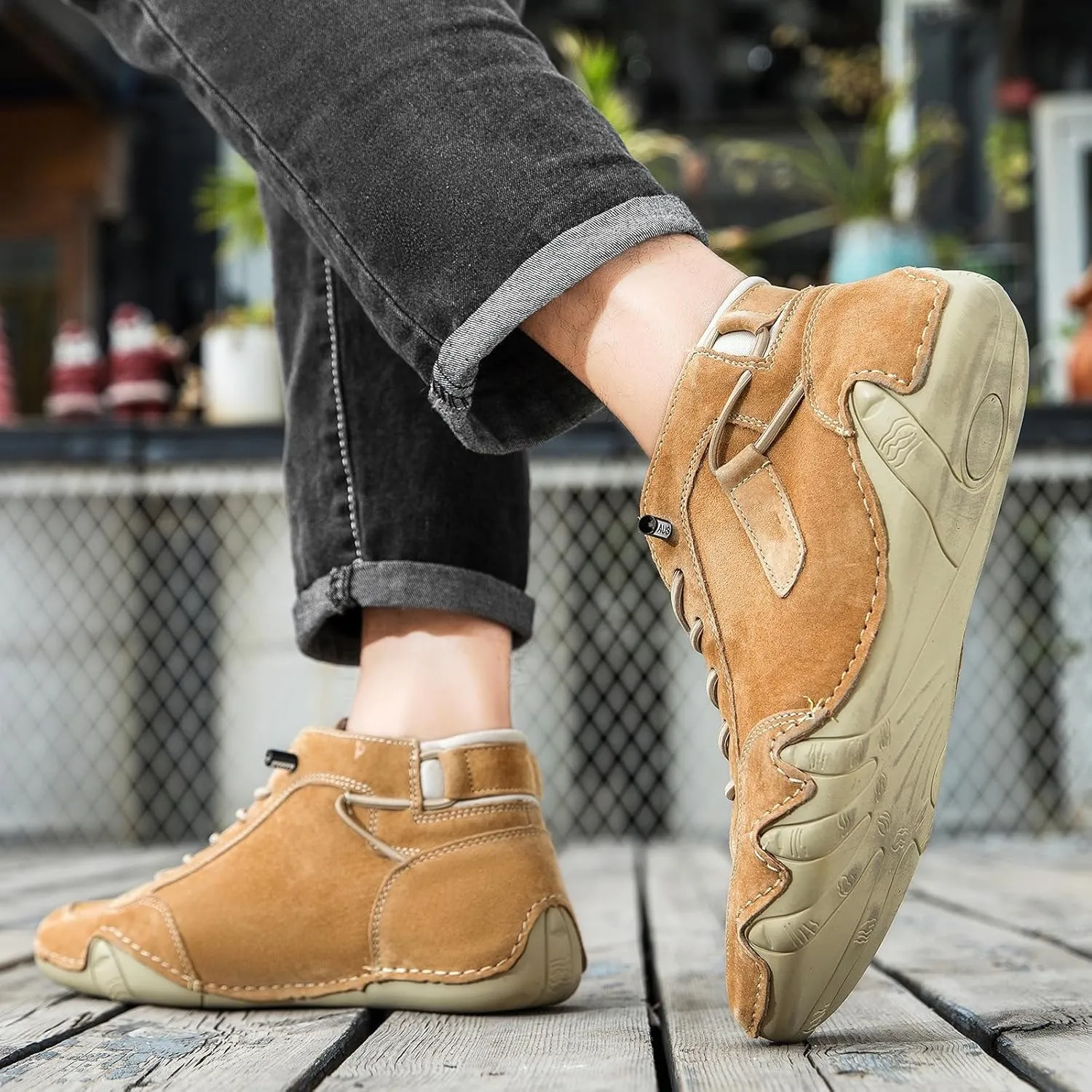 Zeberfi Men's Waterproof Suede Hiking Boots with Ankle Support All-Season Elastic Lace-Up Round Toe High Top Casual Shoes for Walking Camping Driving Lightweight Outdoor Chukka Boots