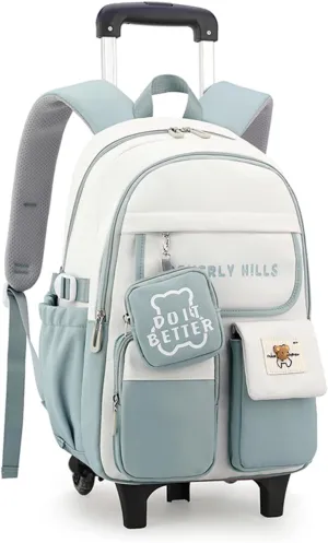 ZHANAO Color-blocking Rolling Backpack for Girls,Kawaii School Bag with Wheels,Trolley Bookbags for Primary Students