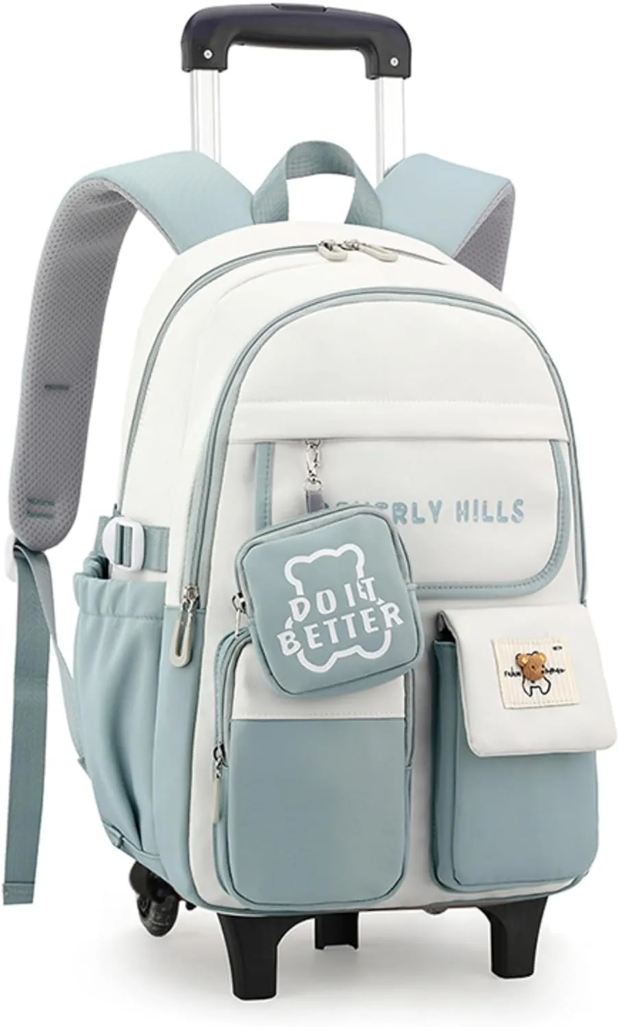 ZHANAO Color-blocking Rolling Backpack for Girls,Kawaii School Bag with Wheels,Trolley Bookbags for Primary Students