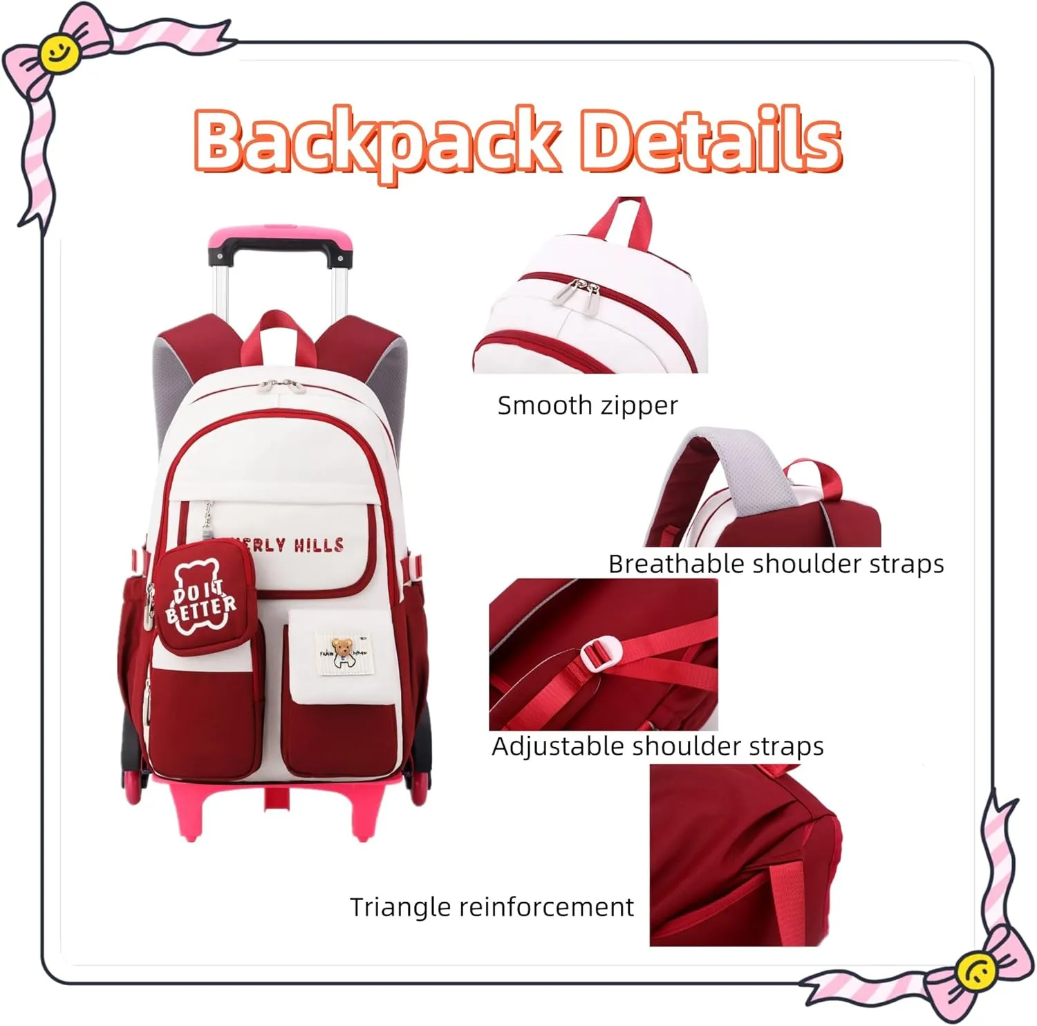 ZHANAO Color-blocking Rolling Backpack for Girls,Kawaii School Bag with Wheels,Trolley Bookbags for Primary Students