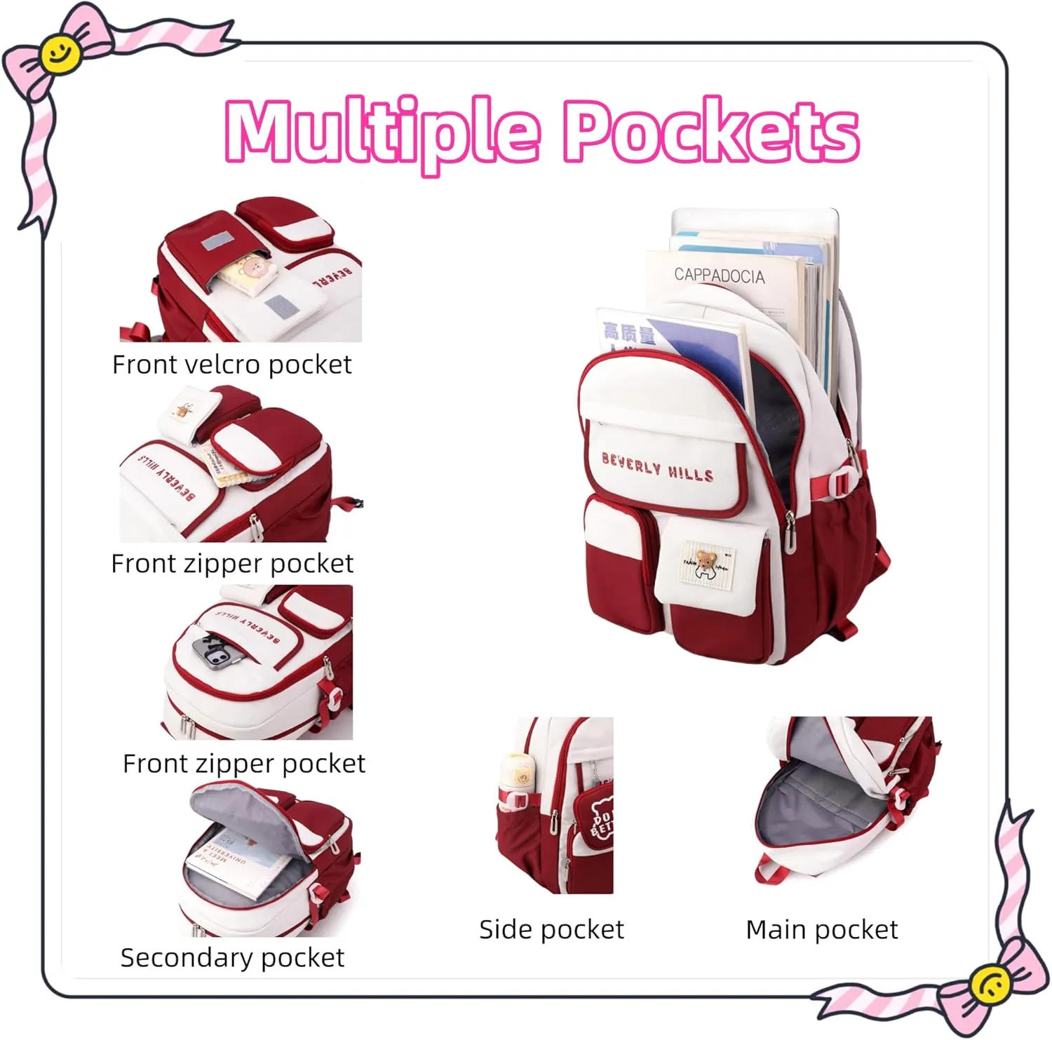 ZHANAO Color-blocking Rolling Backpack for Girls,Kawaii School Bag with Wheels,Trolley Bookbags for Primary Students