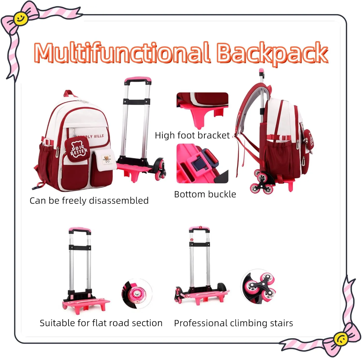 ZHANAO Color-blocking Rolling Backpack for Girls,Kawaii School Bag with Wheels,Trolley Bookbags for Primary Students